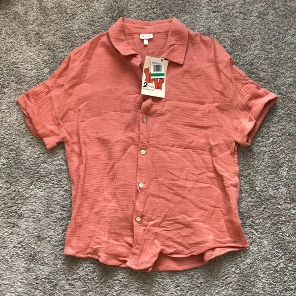 NEW Self Esteem Pink Relaxed Button Up Linen Top - Picture 3 of 6
